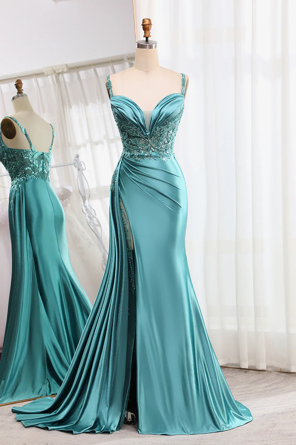 Mermaid V-Neck Satin Long Appliques Sequin Blue Prom Dress With Slit